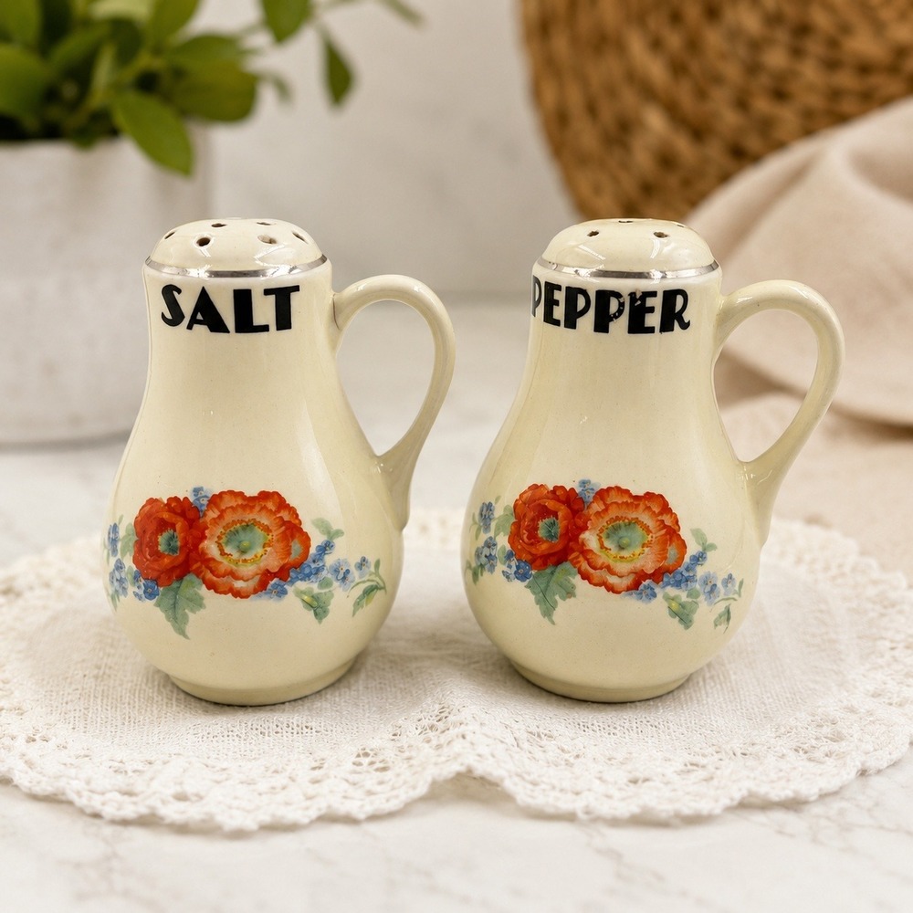 Vintage Floral Salt Pepper Shakers Cream Ceramic Pitcher Shape Cork Stoppers